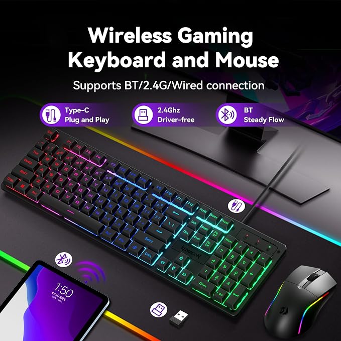 Redragon S107KS Wireless Gaming Keyboard and Mouse, RGB Backlit, 3 Mode (Wired/2.4G/BT), Up to 10,000 DPI Gaming Mouse with Software, Ultra Lightweight 65g, 25 Key Anti-Ghosting Keyboard for PC - Image 2