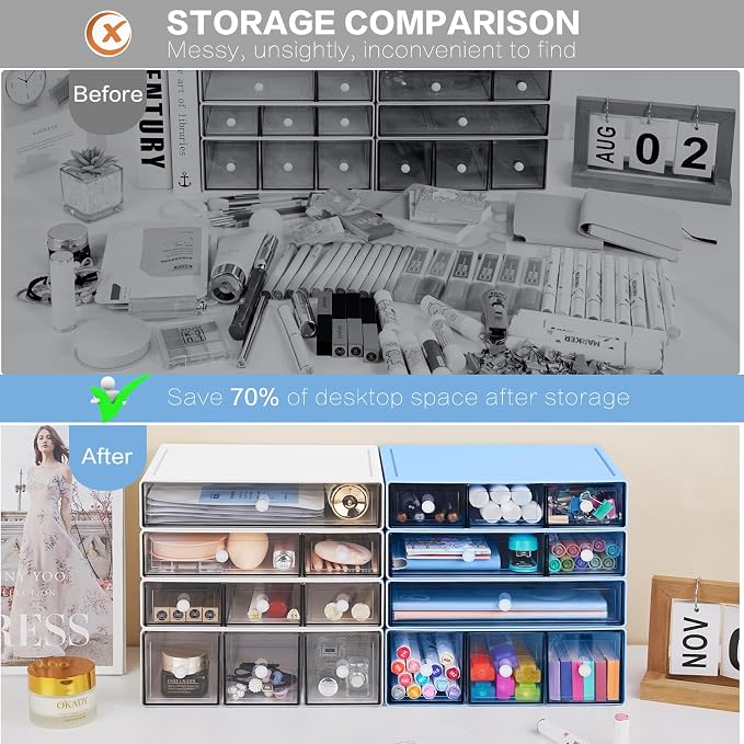 Desk Storage Organizer with 9 Drawers, 4 Tiers Stackable Desktop Craft Storage Drawers, Clear Storage Box Caddy for Stationary Makeup Jewelry Office Craft Supplies (Blue) - Image 6