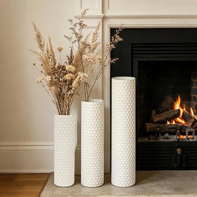 White Tall Floor Vase - Set of 3 Large Metal Decorative Vases for Living Room, 27.6in Long Modern Minimalist Big Cylinder Standing Rustic Boho Corner Decor for Farmhouse Entryway Pampas Grass - Image 3