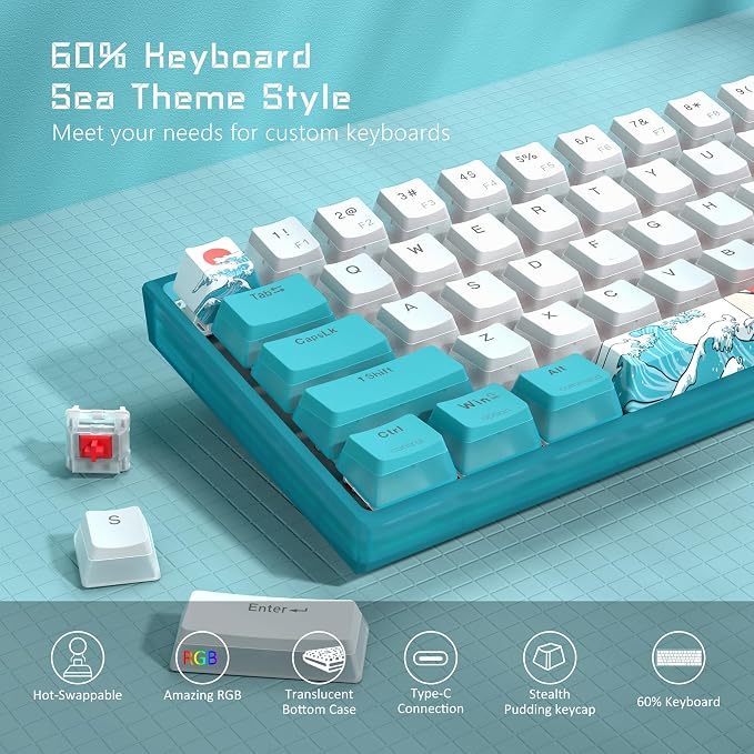 Womier 60% Percent Keyboard,WK61 V2 Mechanical RGB Wired Gaming Keyboard,Hot-Swappable Creamy Key Board with PBT Keycaps,Linear Red Switch for Windows/MAC (Blue) - Image 2