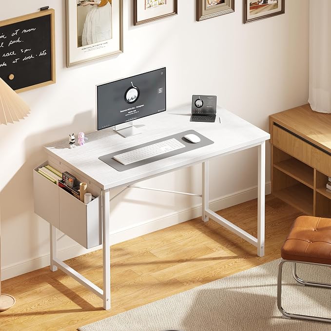 OLIXIS Computer Desk, 44 Inch Gaming Desks for Home Office Small Spaces | Writing Study Craft Work Table, Computer Workstation for Bedroom with Storage Bag, All White - Image 2