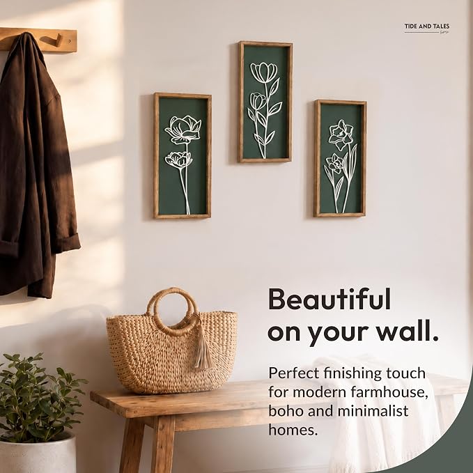 3D Floral Green Wall Art (Set of 3) Lightweight, Wooden Ready-to-Hang Boho Framed Wall Art for Bathroom, Master Bedroom, Living Room or Office - Premium Sage Green Farmhouse Decor - Gift-Boxed - Image 8