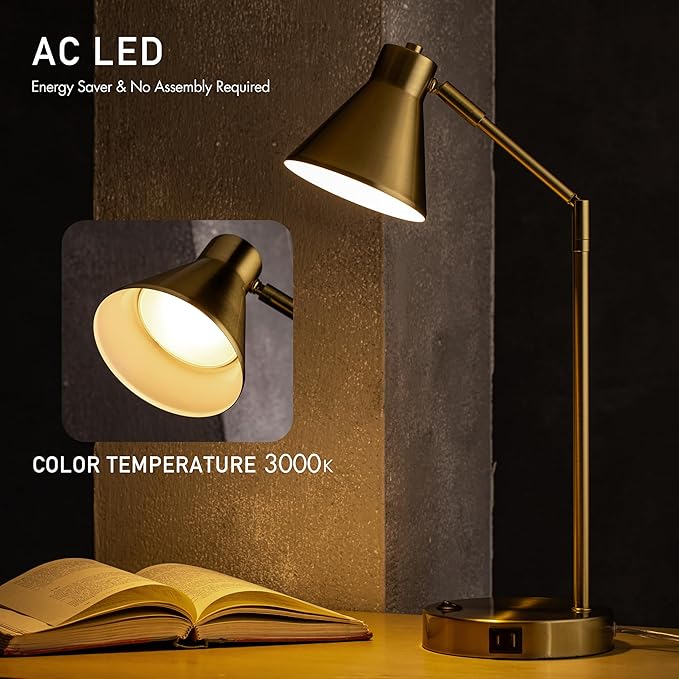 O'Bright Astrum - LED Desk Lamp with Dual USB Charging Ports, 100% Metal, 270 Degree Swivel Arms, Soft White Light (3000K), Bedside & Home Office Table Lamp, ETL Listed, Antique Brass Finish - Image 4