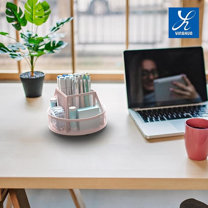 YINGHUA Metal Mesh Desk Organizer with 5 Compartments and Rotating Pencil Holder Pen and Stationery Organizer for Office Home School Anti Slip Base Pink - Image 7