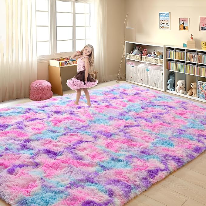 Tepook Pink Blue Purple Area Rug for Girls Room, Fluffy 8x10 Cute Soft Colorful Kids Rugs for Bedroom Dorm Classroom Nursery Playroom, Fuzzy Shaggy Rainbow Princess Carpet for Toddler Home Decor - Image 3