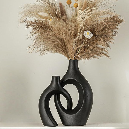 Lvases Snuggle Hollow Modern Ceramic Vase Set of 2, Mid Century Nordic Aesthetic Decorative Vase Decorative Vases for Home Table Decor (Matte Black W 6.8" X H 11") by modernhomedecoration