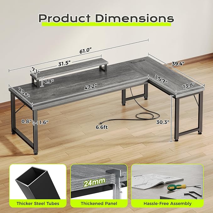 PRAISUN 61" L Shaped Computer Desk, Power Outlets, Monitor Stand, Grey | USB-C Ports, Reversible Charging Station, Spacious Desktop & Legroom, 0.94 Inch Thick Desktop, for Gaming, Study & Work - Image 3