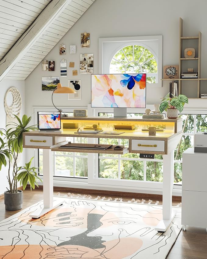 TIQLAB Standing Desk with Two Drawers, Stand Up Standing Desk Adjustable Height, Electric Sit Stand Table with Storage Shelf and Splice Board, with LED Light, 47 * 28 inch, Maple - Image 2