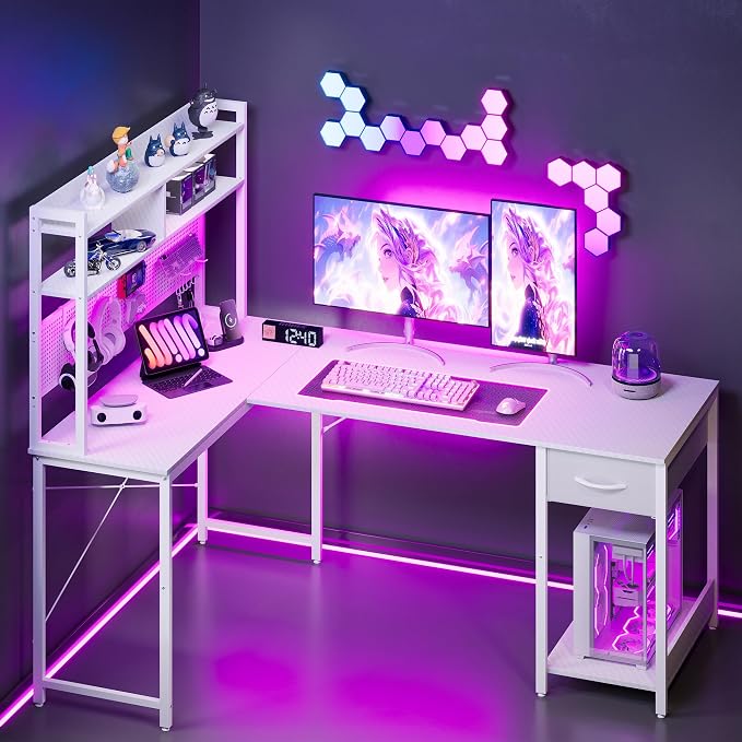 Apicizon L Shaped Gaming Desk 53", Reversible Corner Computer Desk with LED Lights, Carbon Fiber Surface, Pegboard with Hooks, Drawer & PC Tower Stand, USB Charging Port - Image 2