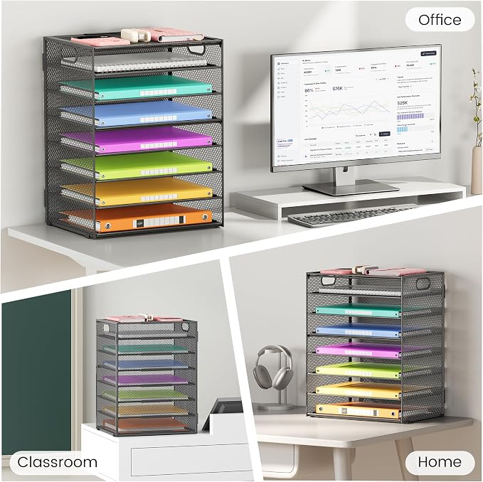 Lavatino 8-Tier Office Desk File Organizer, Letter Tray Paper Organizer with Handle, Including 5 Adjustable Slide Trays for Organizing Desktop Workspace Accessories and Supplies (Grey Metal Mesh) - Image 6