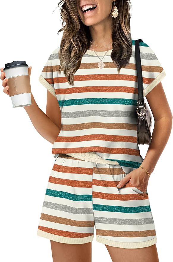 WIHOLL Two Piece Sets for Women Summer Lounge Short Sets Cap Sleeve Crew Neck Sweatsuit with Pocket XS-2XL by WIHOLL
