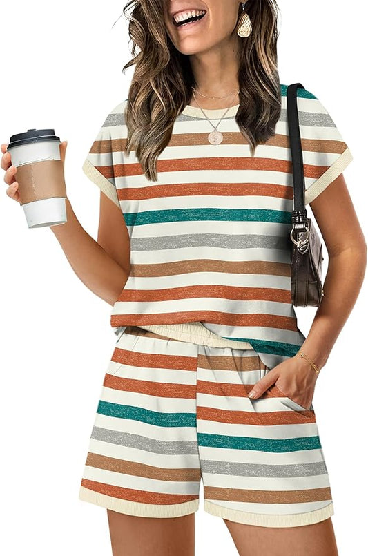WIHOLL Two Piece Sets for Women Summer Lounge Short Sets Cap Sleeve Crew Neck Sweatsuit with Pocket XS-2XL by WIHOLL