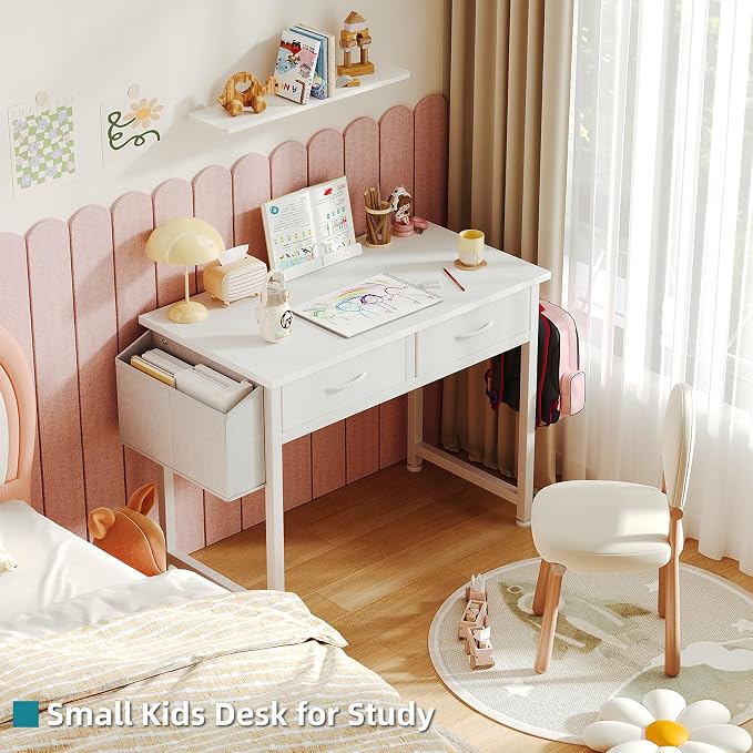 CAIYUN Small White Desk with Fabric Drawers for Bedroom, 31 Inch Home Office Desk with Side Pocket and Hook for Small Space, Makeup Vanity Desks Kid’s Desks to Writing Made of Wood and Metal, White - Image 8