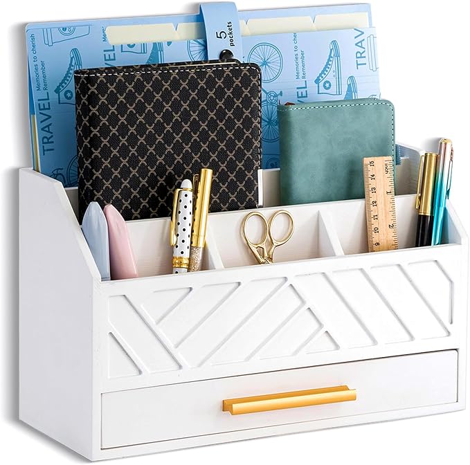 dreampossible white Wood Desk Organizer and Accessories with Drawer, Bill Mail Organizer and File Mail Holder for Office Supplies, Modern Desk Accessories & Workspace Organizers for Desk Organization by dreampossible