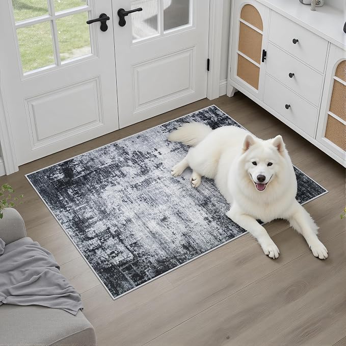 Washable Area Rug 2x3 Entryway Rug: Washable Modern Abstract Soft Thin Rug Indoor Floor No Slip Stain Resistant Carpet for Bedroom Dining Room Farmhouse Nursery Home Office - Dark Black - Image 2