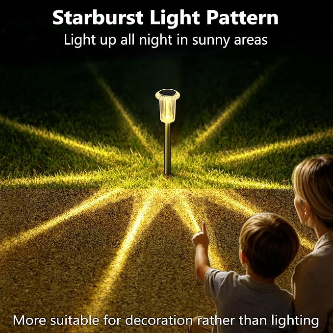 DenicMic 10 Pack Solar Pathway Lights Outdoor Waterproof Warm White LED | Stainless Steel Stake Lights for Garden Patio Backyard Driveway Walkway Lawn Auto On/Off 3000K Diamond-like Acrylic Lens - Image 6