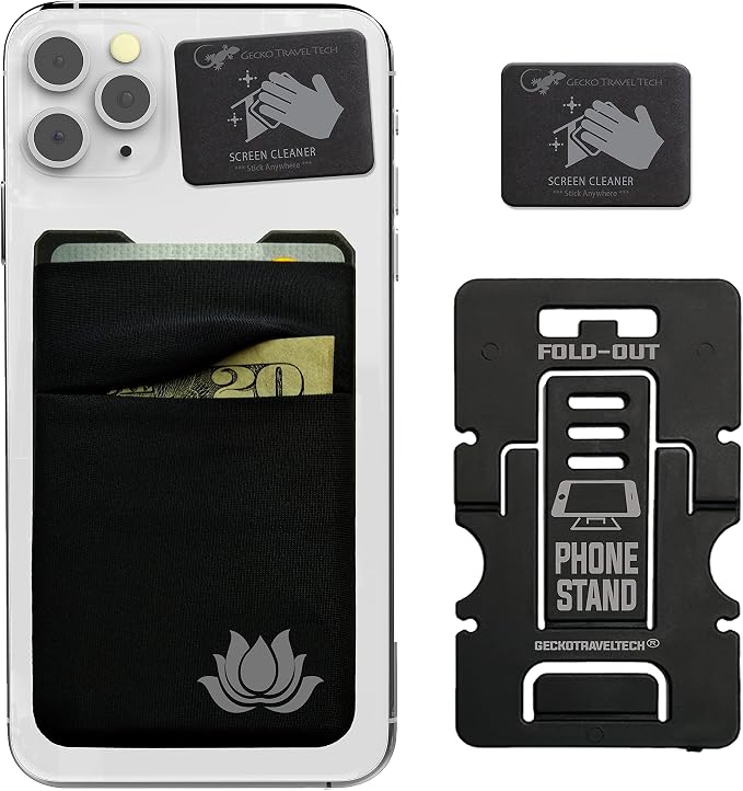 Gecko Travel Tech Double Pocket - Adhesive Card Holder - Cell Phone Pouch - Stick on Spandex Pocket - Carry Credit Cards and Cash (Lotus) by GeckoTravelTech