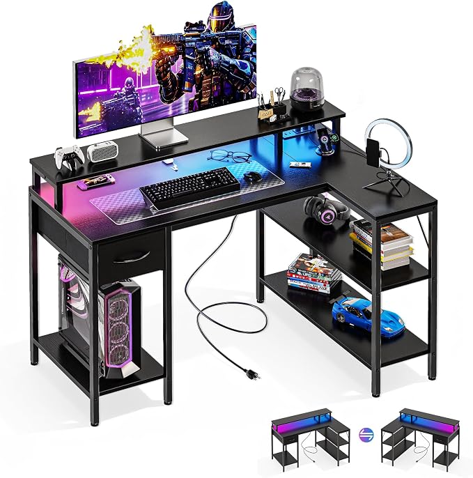 DUMOS Gaming Desk, Monitor Stand, LED Lights, Storage Shelves | USB Charging Ports, Power Outlets, Reversible L Shaped Corner, Small Spaces, Black by DumosLifestyle