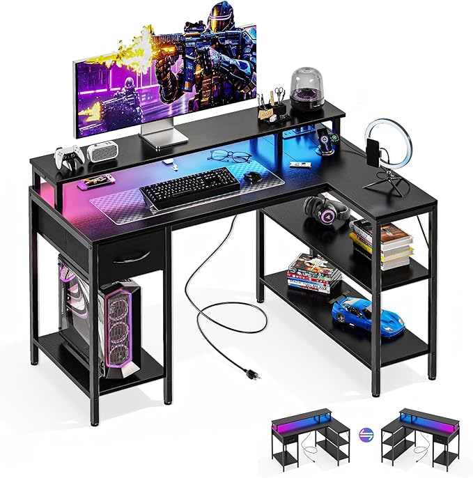 DUMOS Gaming Desk, Monitor Stand, LED Lights, Storage Shelves | USB Charging Ports, Power Outlets, Reversible L Shaped Corner, Small Spaces, Black by DumosLifestyle
