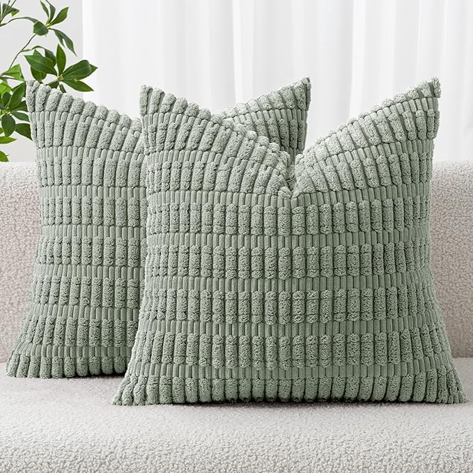 MIULEE Pack of 2 Spring Corduroy Decorative Throw Pillow Covers 18x18 Inch Soft Boho Striped Pillow Covers Modern Farmhouse Home Decor for Summer Sofa Living Room Couch Bed Greyish Green by MIULEE