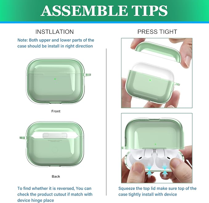 for AirPods Pro 3 Clear Case 2025, Military-Grade Shockproof, Soft TPU Highly Transparent Anti-Yellowing for AirPods Pro 3 Case with Cleaning Kit & Cute Round Buckle, Clear Green - Image 4