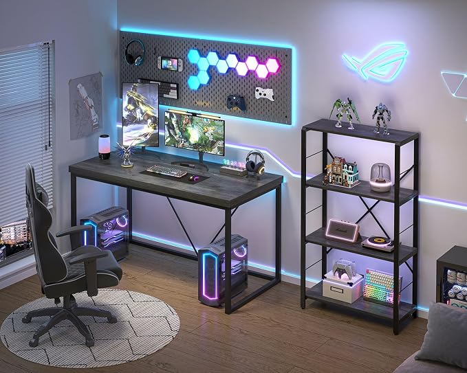 EXCEFUR Modern Computer Desk, Small Home Office Desk, Wood and Metal Writing Study Table Workstation for Bedroom Living Room, Rustic Grey, 47 inch - Image 3