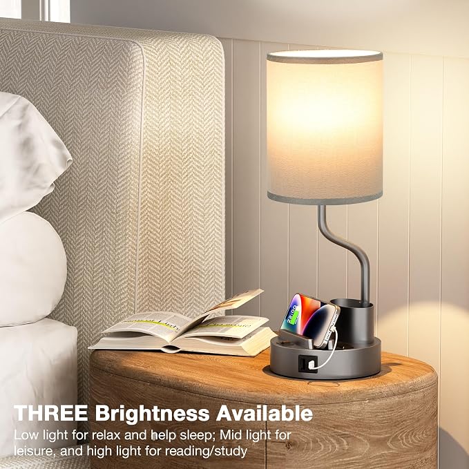 Fenmzee Bedside Lamps for Bedroom Set of 2 - Table Desk Lamp for Nightstand | 15" Table Lamp for Living Room with Pen Holder & Phone Stand, USB A+C Port, AC Outlet, 3 Color Temperature, LED Bulb Included - Image 5