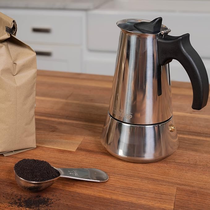 London Sip Stainless Steel Stovetop Espresso Maker Moka Pot Italian Coffee Percolator, Silver, 6 Espresso Cups - Image 3