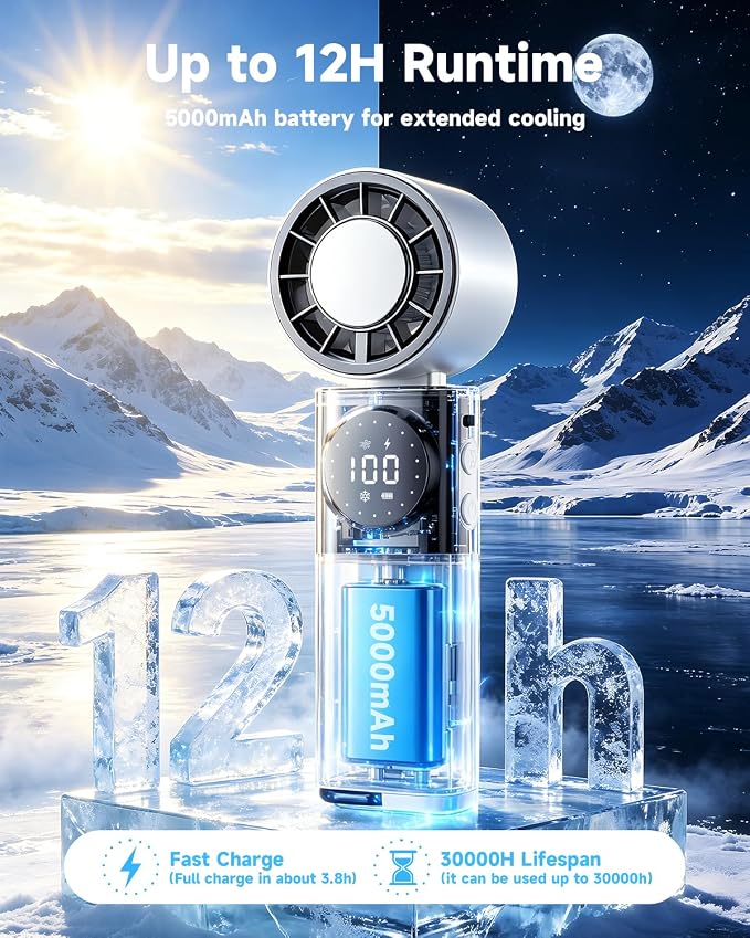 Handheld Turbo Fan 5000mAh Cooling Fan with TEC Semiconductor Fast Chilling, 5 Speeds, 135° Foldable & 360° Airflow, USB Output for Phone Charging, Portable Desktop or Neck Fan for Travel Outdoor Home - Image 2