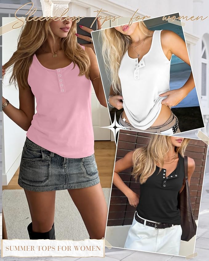Ficerd 3 Pack Women's Henley Tank Tops Sleeveless Button Down Summer Shirts 2026 Casual Trendy Loose U Neck Tee Blouses - Image 4