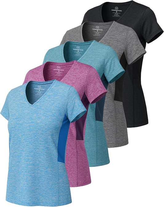 5 Pack Women's Dry Fit V Neck Workout Tops T Shirts Athletic Gym Yoga Tees | Available In Plus Size, Cooling Moisture-Wicking, Short Sleeve, Quick-Dry, Fitness, Stretch, Exercise, Running, Hiking by RealEssentials