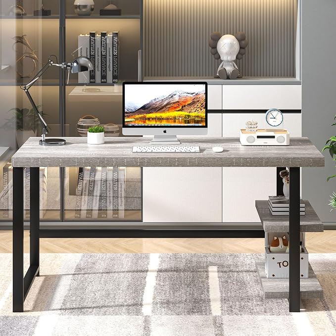 FOLUBAN 47 Inch Home Office Desk, Modern Computer Desk with Storage Shelves, Small Study Writing Gaming Table Workstation for Living Room Bedroom, Industrial Light Grey - Image 7