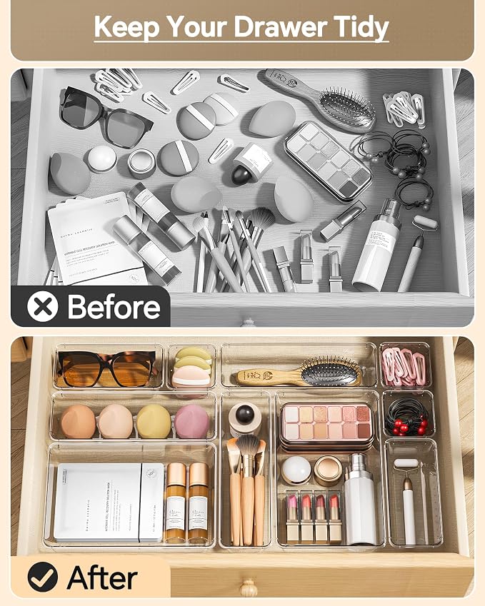KEMETHY 25 PCS Plastic Drawer Organizers Set, 4 Sizes Vanity Organizer | Makeup and Desk Drawer Organizer Trays, Organization and Storage for Makeup, Bathroom, Kitchen Utensils and Office (Clear) - Image 3