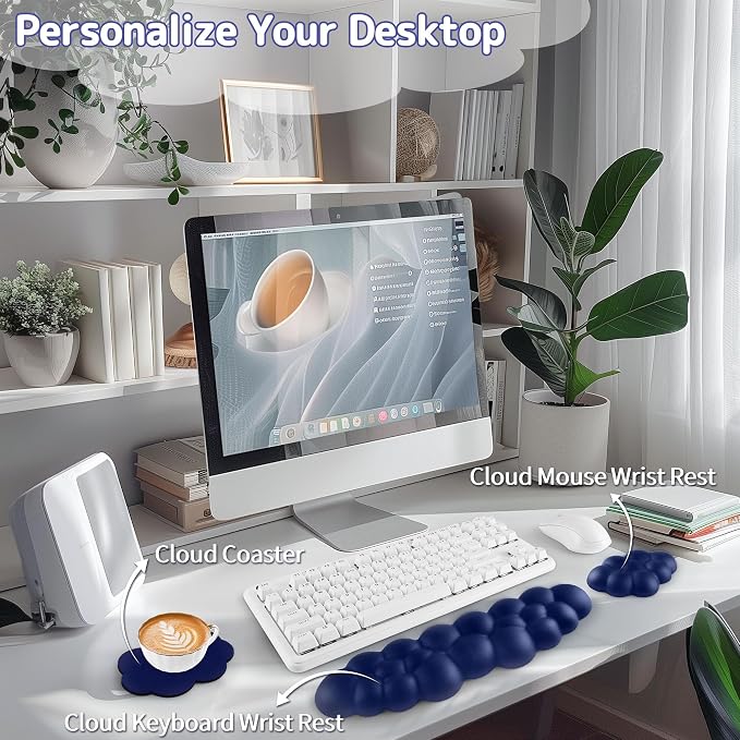 Sushret Cloud Wrist Rest Keyboard, Cloud Keyboard Wrist Pad Set with PU Leather Memory Foam, Cute Arm Rest for Palm Support, PC/Gaming Desk Accessories/Office Setup/Computer Hand Cushion - Dark Blue - Image 2