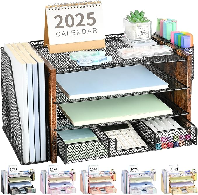 OPNICE Desk Organizer, 4-Tier Desktop File Organizer with Drawer and Pen Holders, Office Desk Accessories, File Sorters, Workspace Organizers for Office Supplies(Brown Wood) by OPNICE