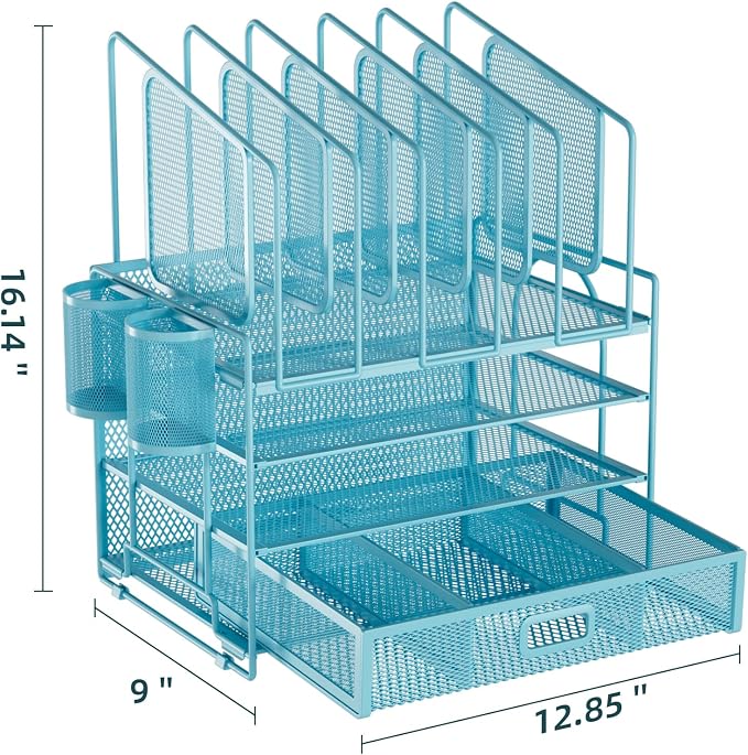 Marbrasse Desk Organizers, 4-Tier Mesh Desk File Organizer with 5 Vertical File Holders and 2 Pen Holders, Multifunction Desktop Organizer,Desk Organizers and Accessories for Home Office (Blue) - Image 5