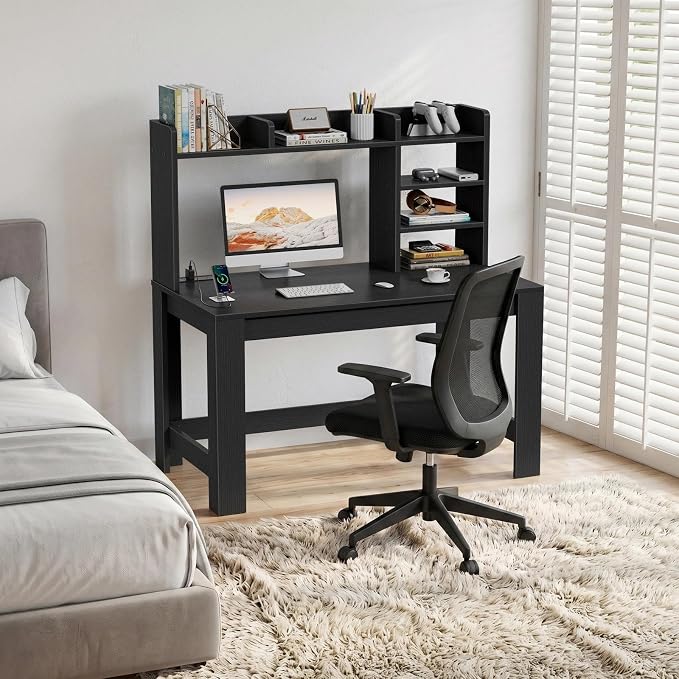 WINAZ 43" Black Gaming Desk with Hutch and Built-in Power Outlet | Modern Computer Desk with 3-Tier Storage Shelves and Hutch, Space-Saving Writing Table for Home Office - Image 5