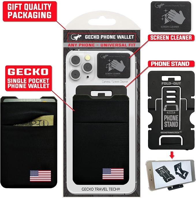 Double Pocket Adhesive Card Holder - Cell Phone Pouch - Stick on Spandex Pocket by Gecko - Carry Credit Cards and Cash - Phone Wallet – (USA FLAG) - Image 8