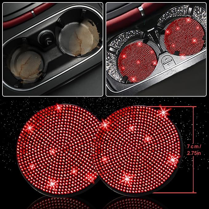 NBTEPEM 27 PCs Red Bling Car Accessories Set for Women, Steering Wheel Covers Universal Fit 15 Inch, Bling License Plate Frame, Bling Phone Holder, Bling Car Coasters (Red Diamond) - Image 7