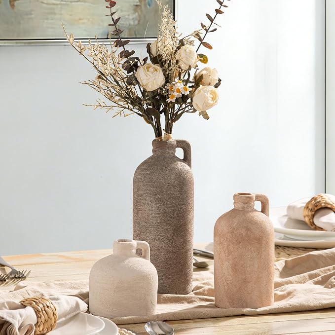 Ceramic Vase Home Table Decor - Flower Vase Set of 3 Living Room Kitchen Decorations Farmhouse Modern Rustic Vases Decorative Centerpiece for Shelf Bedroom Office Bathroom Dining Coffee Desk - Image 4