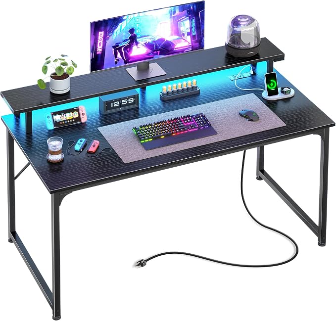 PRAISUN 40 inch Gaming Desk, LED & Power Outlets, Monitor Stand, Black | Sturdy PC Desk for Home Office, Study & Work, LED Lights, 4 AC Outlets & USB-C Charging Station by PRAISUN