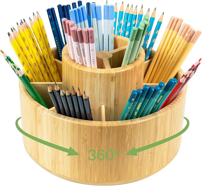 Utoplike Large Bamboo Rotating Pencil Holder, 360° Colored Pen Organizer | Spinning Art Supply Desk Caddy with Raised Center, 11-Compartment Desktop Storage for Pens, Markers and Office Supplies by Utoplike