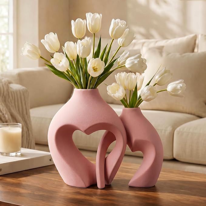 Ceramic Flower Vases Table Decor Heart Shaped Vase Set of 2 Pink | Nordic Heart Shaped Vases Minimalist Decorative Vase for Table Centerpiece Wedding Dining Living Room Office House Decoration - Image 5