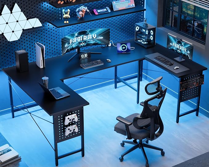 Pamray 71 Inch Large Gaming Desk with Power Outlets U Shaped Computer Desk | Spacious Workspace with USB Charging Ports & Pegboard & Headphone Hooks Suitable for PC Gaming Office Work Study and Writing - Image 2