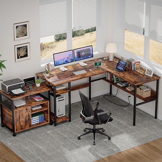 Unikito L Shaped Computer Desk with Magic Power Outlets and USB Charging Port, Sturdy Reversible Corner Desk with Storage Shelves, Modern Work Desk for Home Office, Easy to Assemble, Rustic Brown - Image 2