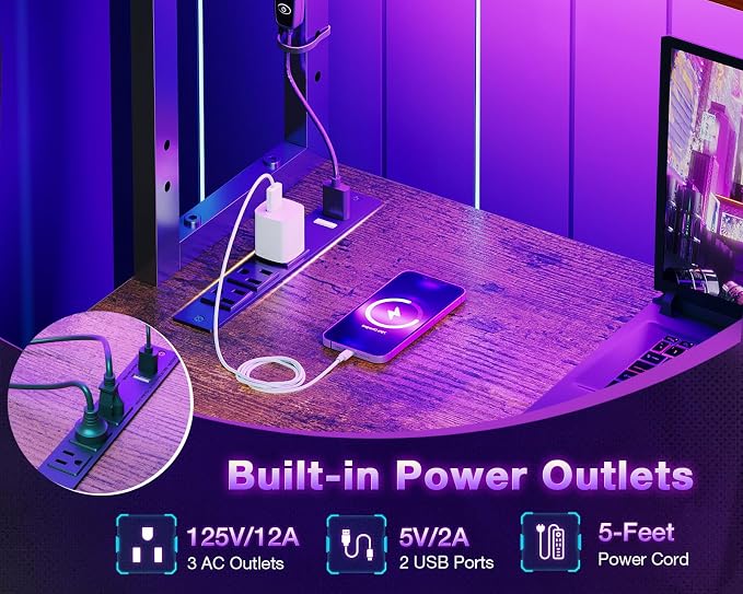 ODK 53" L Shaped Gaming Desk with Shelves, LED & Outlets, Vintage | Headset hook. Storage bag. Shelves for stationery & accessories. LED for late-night gaming. Reversible. Fits dual monitors. - Image 5