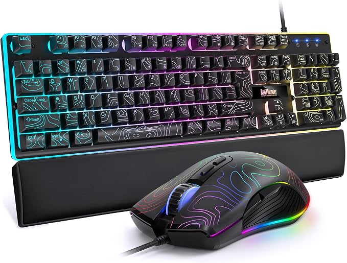 RedThunder K10 Wired Gaming Keyboard & Mouse Combo with Wrist Rest, Adjustable RGB Mechanical Feel Anti-ghosting Keyboard + 7D 7200 DPI Mouse+Soft Leather Wrist Rest for PC Gamers (Black Lines) by RedThunder