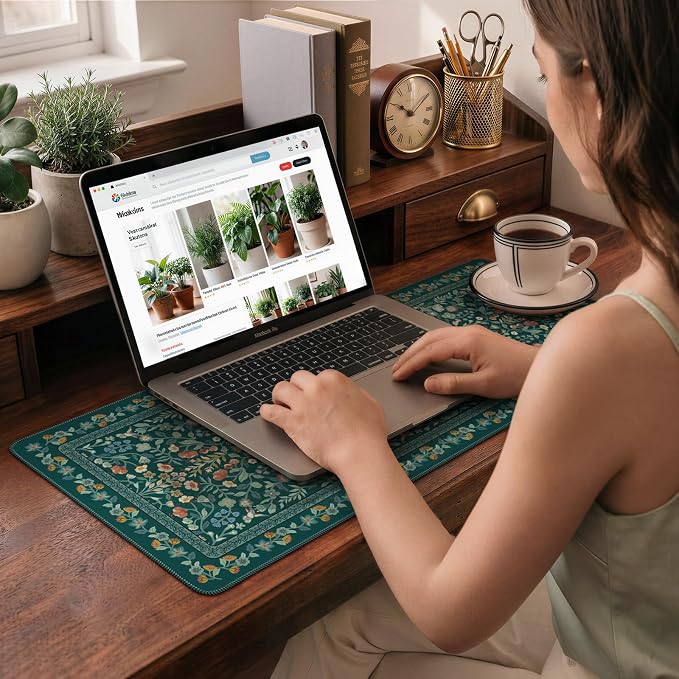 iCasso Aesthetic Floral Desk Mat,Retro Mouse Pads,31.5x11.8in,Deep Green | Anti-Slip Mousepad with Stitched Edges, Waterproof Computer Pad, Desk Accessories Office Decor for Women - Image 8