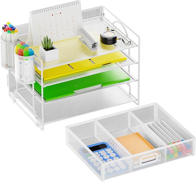 Marbrasse Desk Organizer, 4-Tier Paper File Letter Tray, White | Sturdy Paper Tray, File Holder, Built-in Drawer, 2 Pen Slots, fits Letters/Files, for School Home Office Supplies - Image 2
