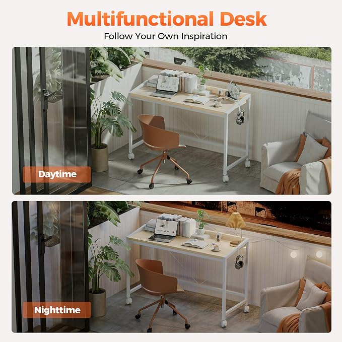 Mericonia 47x20 Inch Small Computer Desk with Wheels & Rear Lip | Simple Rolling Desk, Writing Table for Home Office Bedroom Work Study, Oak - Image 9